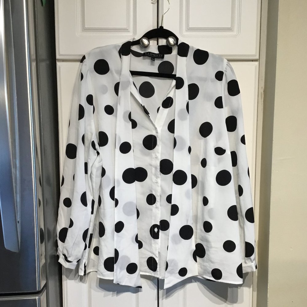 Eloquii Black & White Dot Neck Tie Button Up Blouse Size 18
